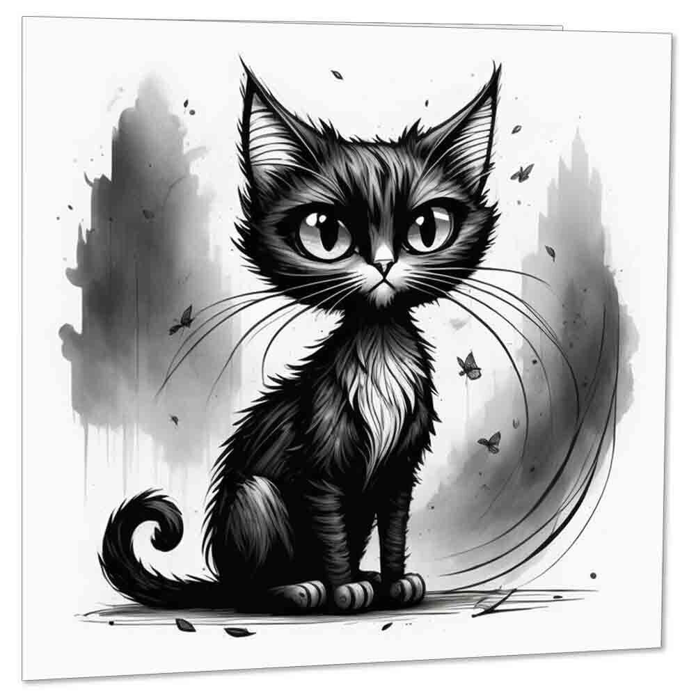 Black Cat Greeting Card Cute Gothic Cat Sketch Drawing 145 x 145mm