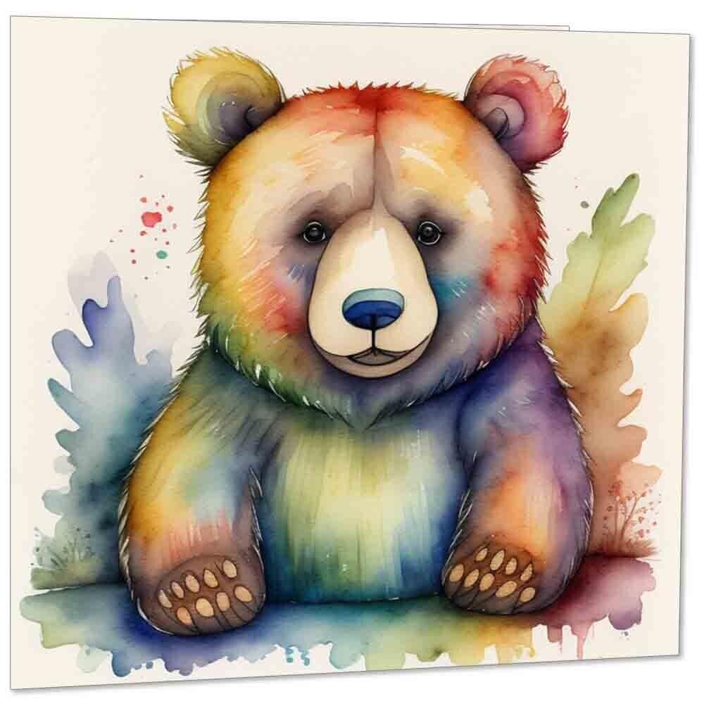 Teddy Bear Greeting Card - Watercolour Brown Bear Card 145mm x 145mm