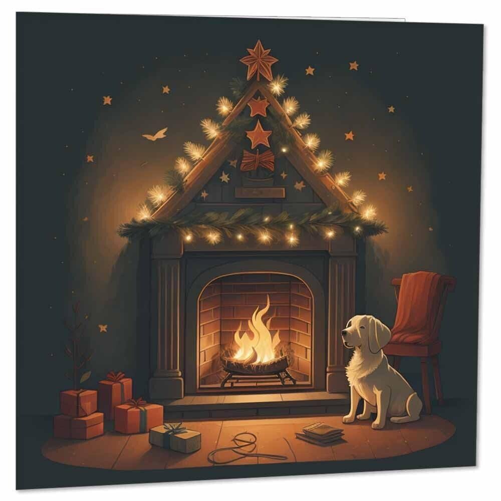 Xmas Dog Fireplace Christmas Card - Festive Xmas Cards 145 x 145mm