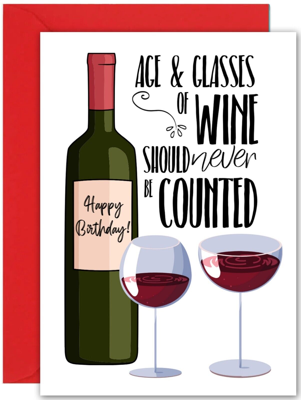 Funny Wine Birthday Card - Large A5 Size - Age & Glasses - Ladies Birthday Card
