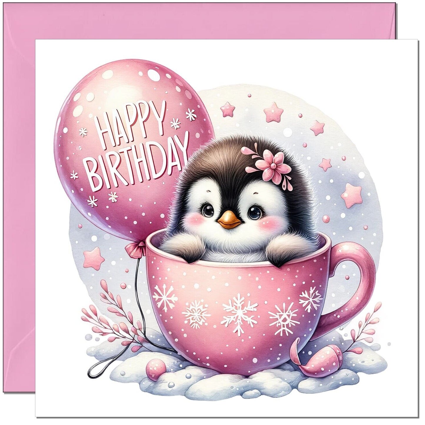 Cute Penguin birthday Card - Pink Adorable Girls Birthday Card 145 x 145mm
