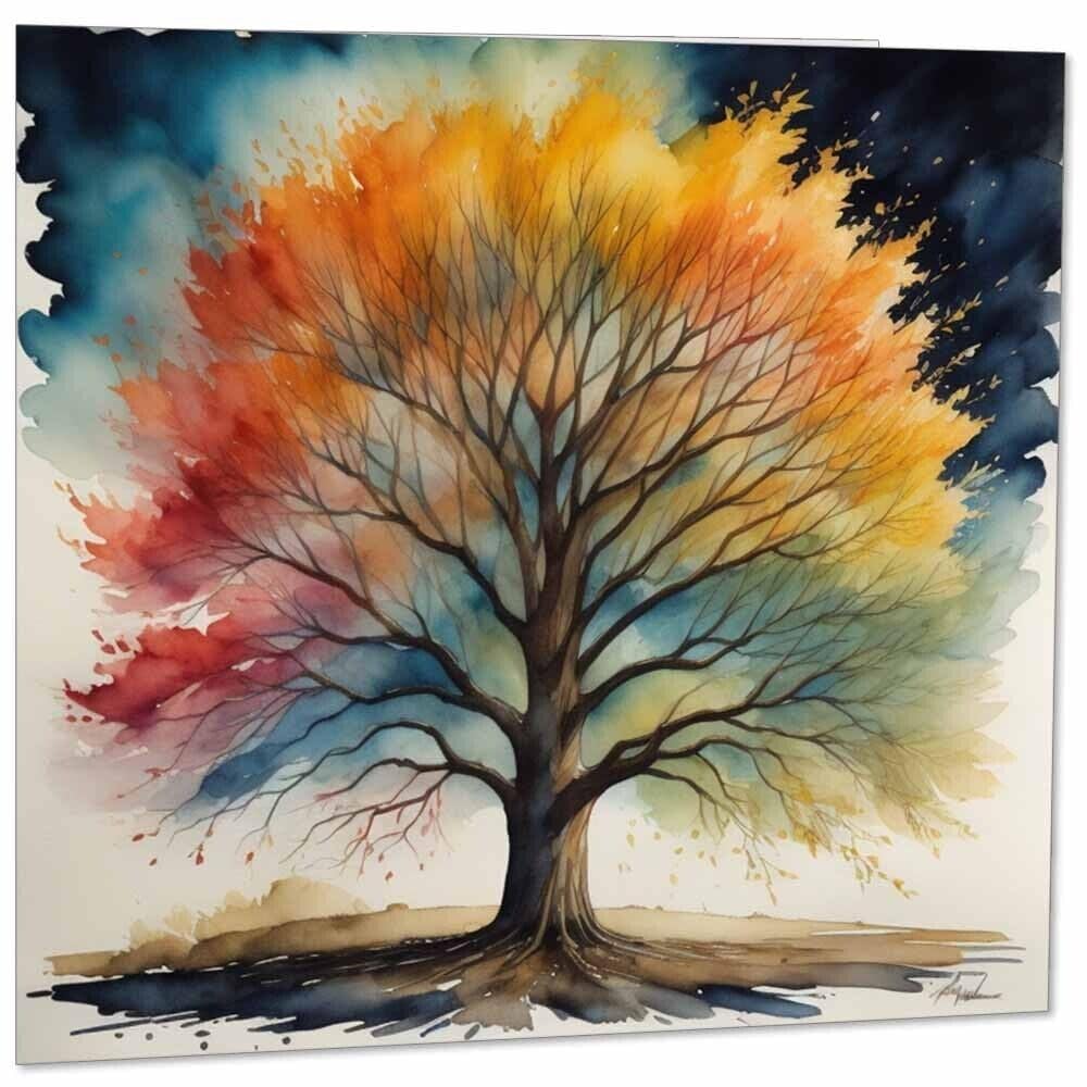 Rainbow Tree Greeting Card - Beautiful Nature Watercolor Tree Card 145mm x 145mm
