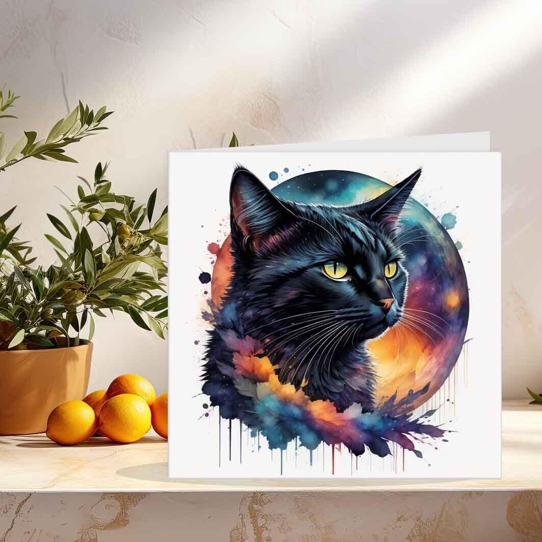 Watercolour Black Cat Greeting Cards 145 x 145mm