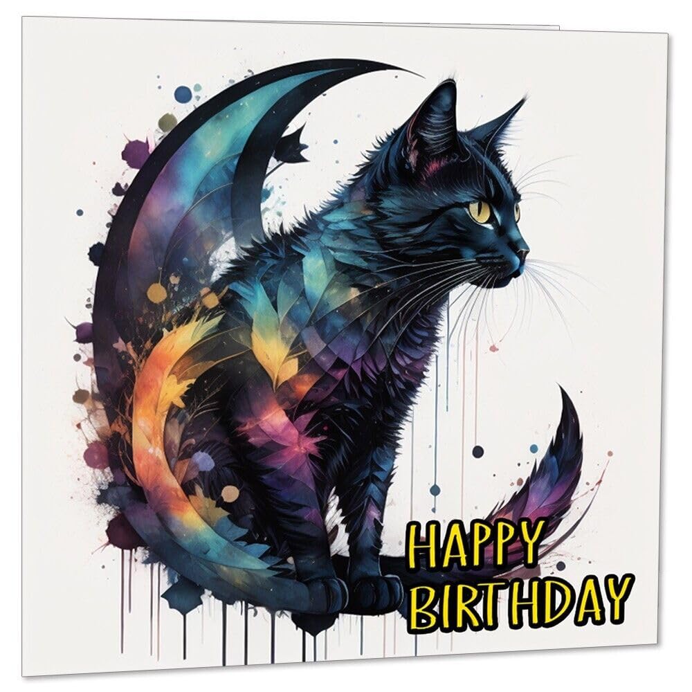 Watercolour Black Cat Moon Birthday Card 145 x 145mm