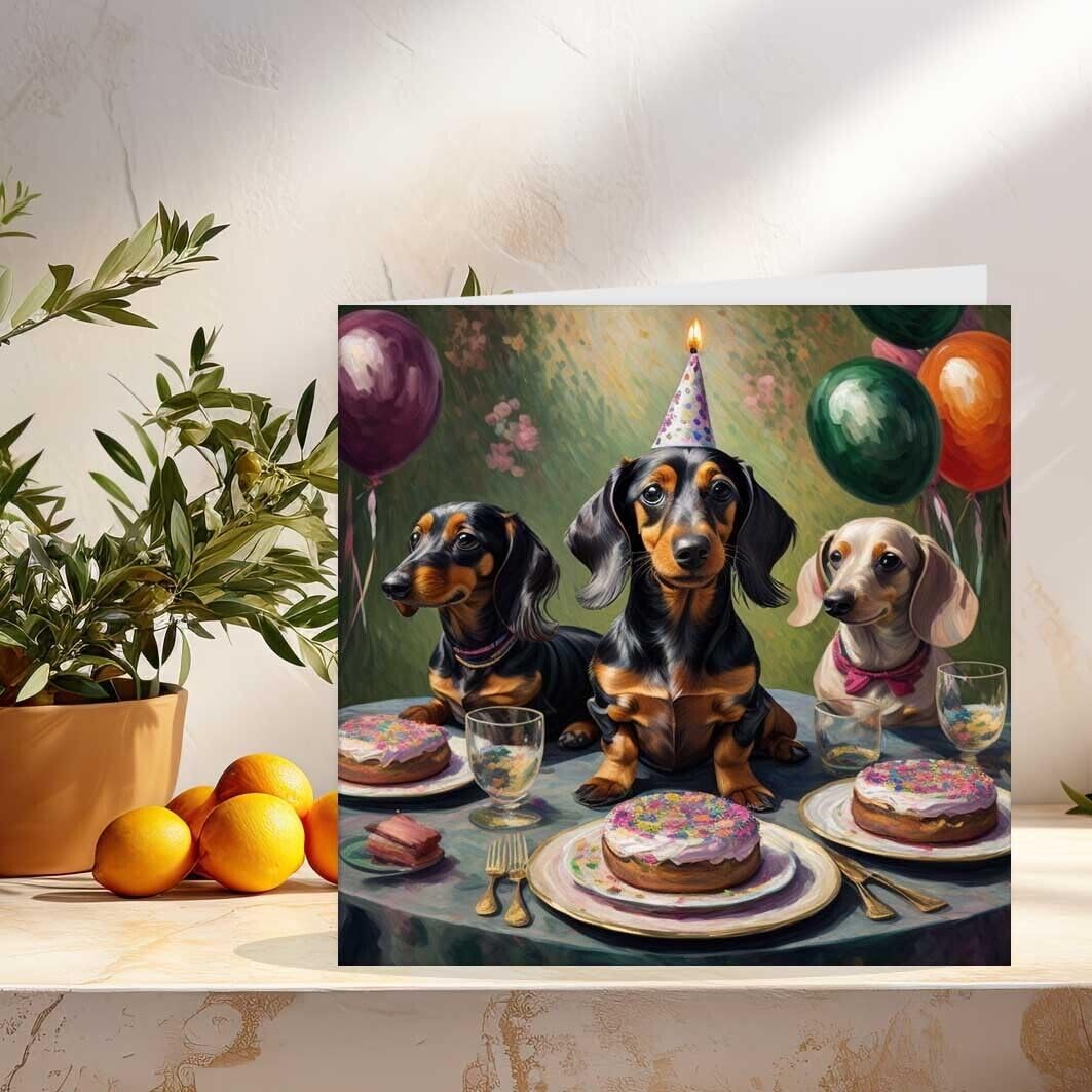 Cute Dachshund Birthday Card - Dachshund birthday party card 145mm x 145mm