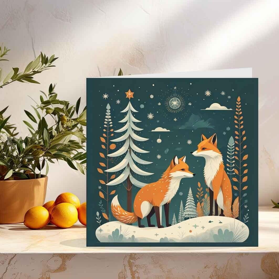Foxes In Snowy Woods Christmas Card - Festive Xmas Cards 145 x 145mm
