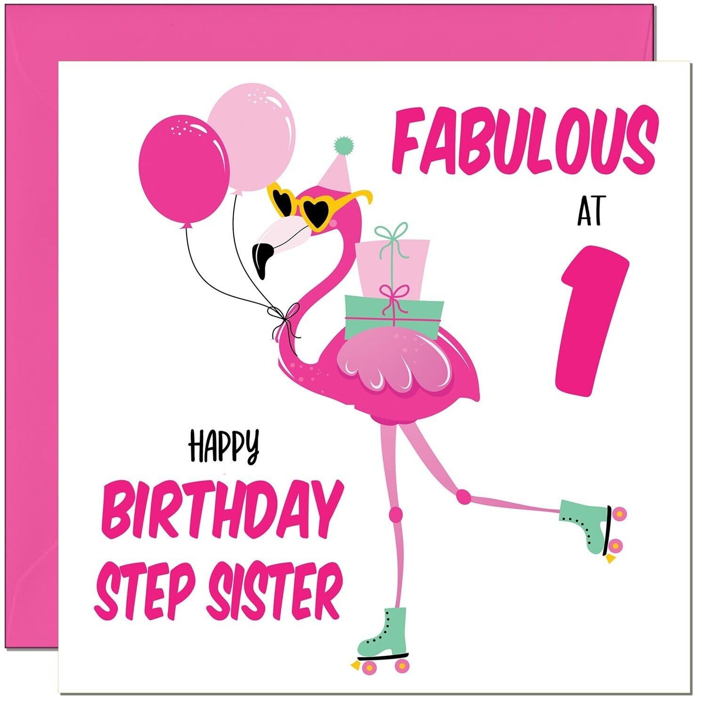 Step Sister Birthday Card - Fabulous Flamingo - Pink Cute Step-Sisters