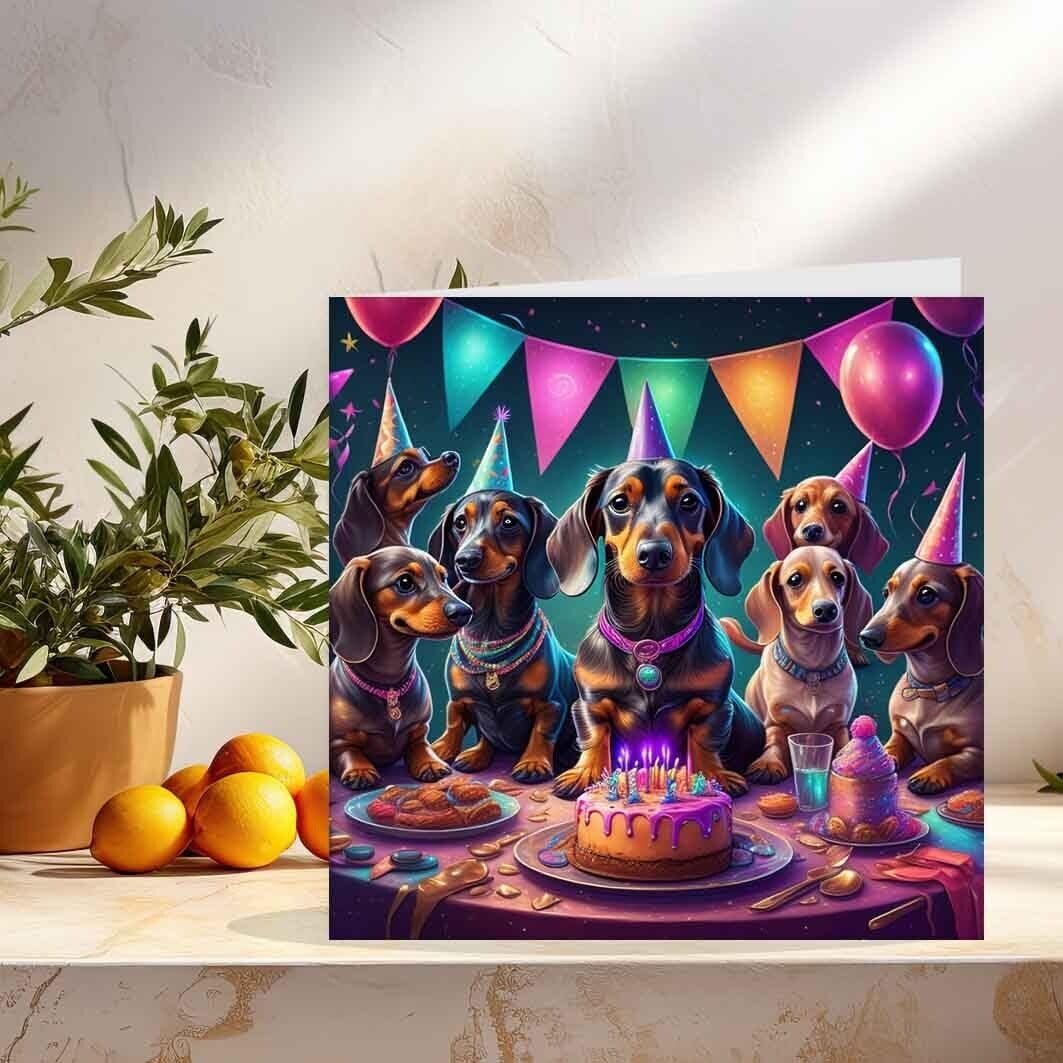 Sausage Dog Dachshund Birthday Party Dog Card 145mm x 145mm
