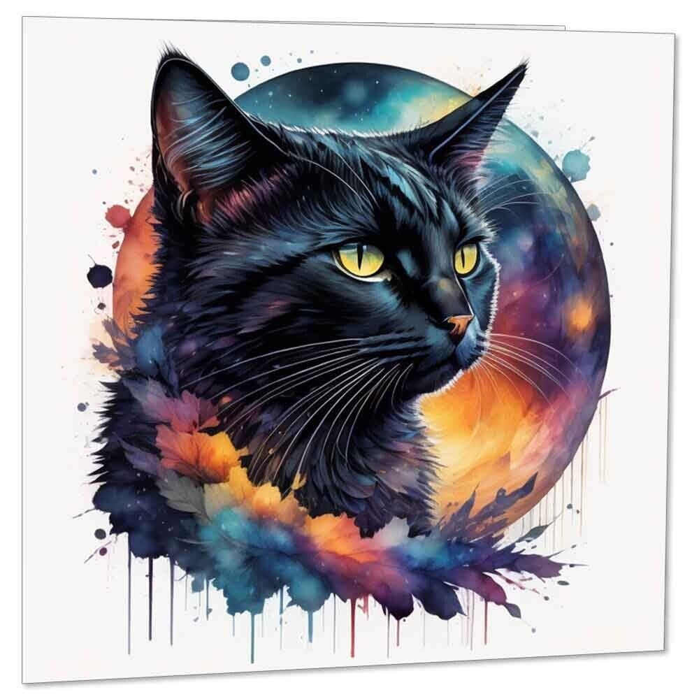 Watercolour Black Cat Greeting Cards 145 x 145mm