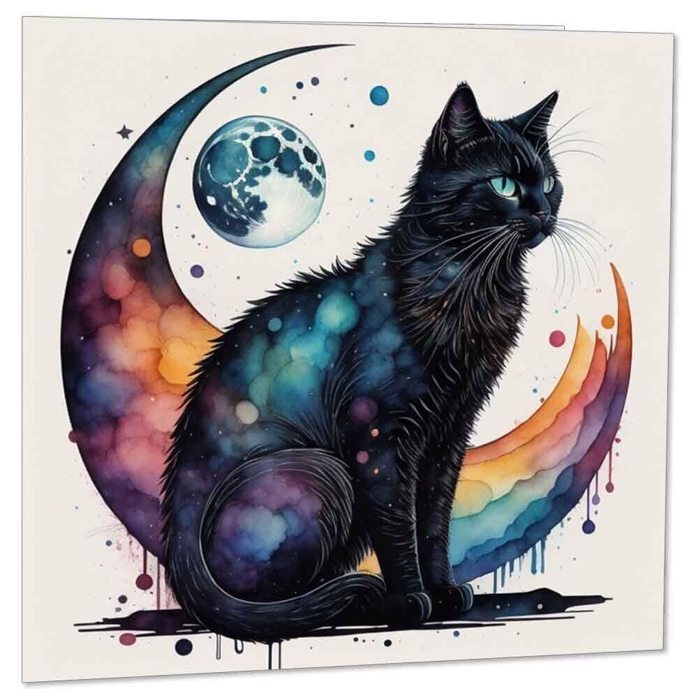 Watercolour Black Cat Moon Greeting Card Birthday Card 145 x 145mm