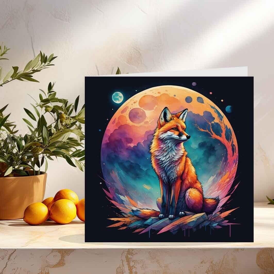 Fox Moon Greeting Card Colourful Vibrant Art Birthday Card 145 x 145mm