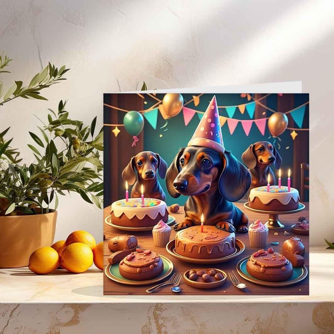 Dachshund Birthday Party Card - Cute Sausage Dog Dachshund card 145mm x 145mm