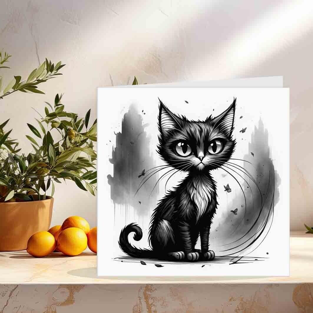 Black Cat Greeting Card Cute Gothic Cat Sketch Drawing 145 x 145mm
