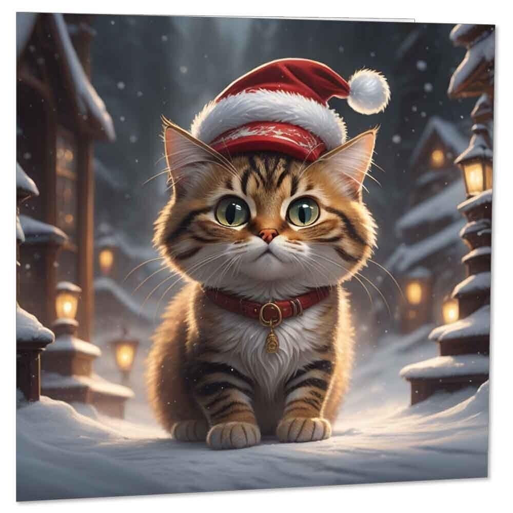 Tabby Cat Christmas Card - Cute Cat Xmas Cards Kitty Kitten 145 x 145mm