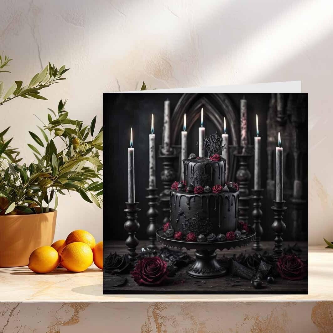 Black Gothic Wedding Cake Card, Gothic Birthday Cake Card 145 x 145mm