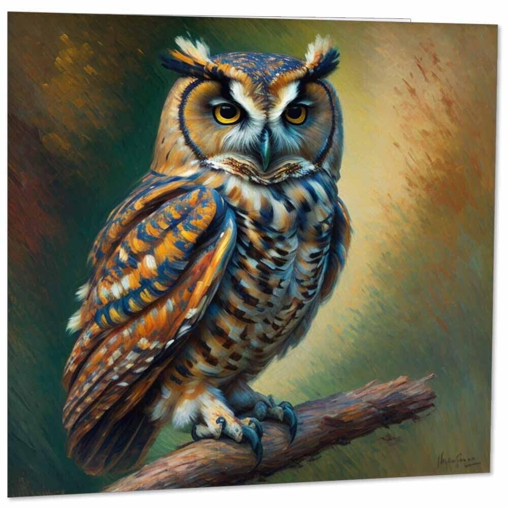 Owl Greeting Card - Animal Bird Impressionism Art 145mm x 145mm