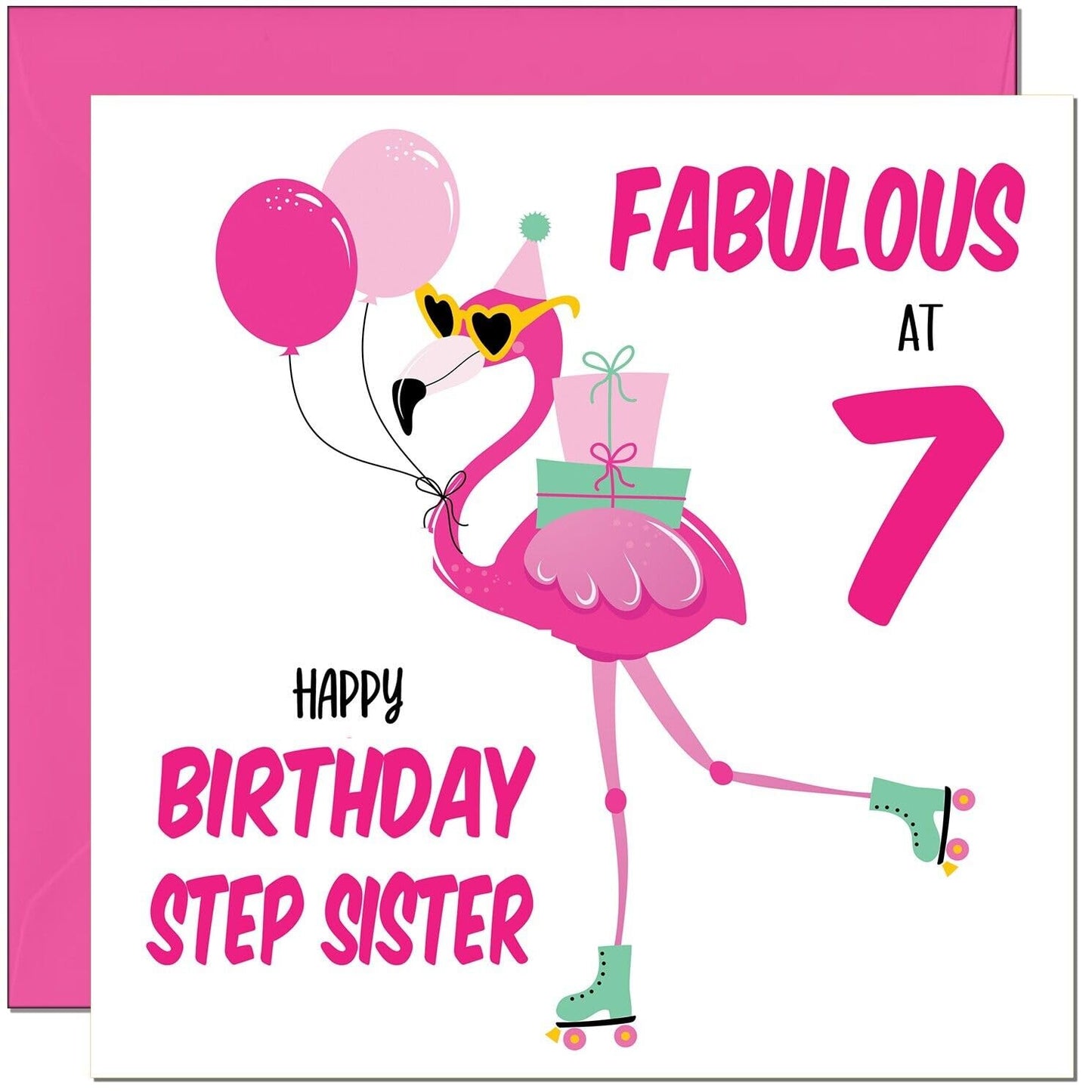 Step Sister Birthday Card - Fabulous Flamingo - Pink Cute Step-Sisters