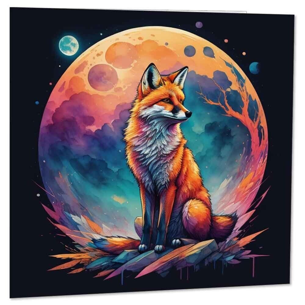 Fox Moon Greeting Card Colourful Vibrant Art Birthday Card 145 x 145mm