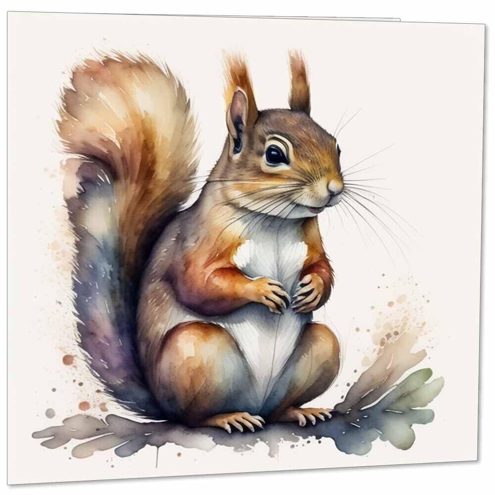 Watercolour Squirrel Greeting Card - Squirrel Animal Card 145mm x 145mm