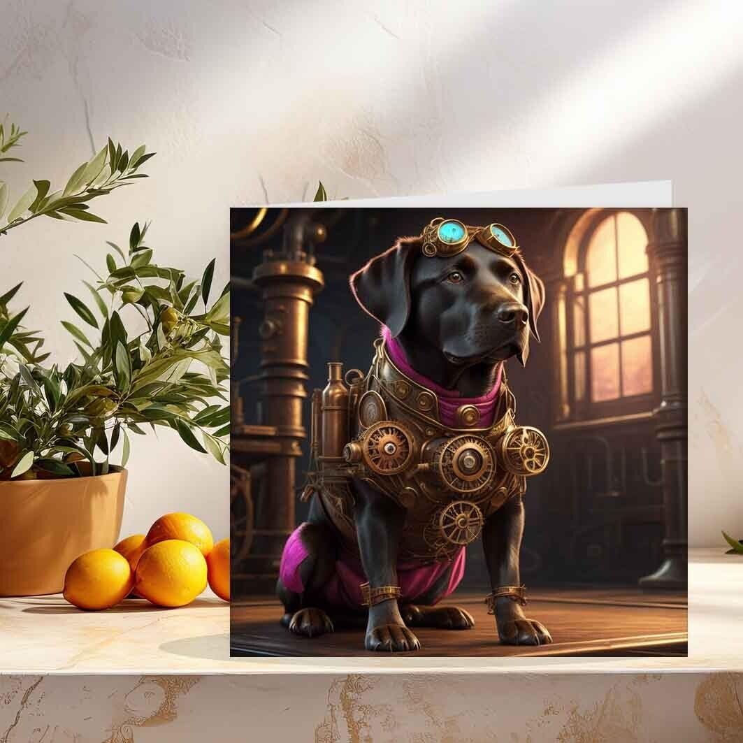 Steampunk Black Labrador Dog Greeting Card Birthday Card - 145mm x 145mm