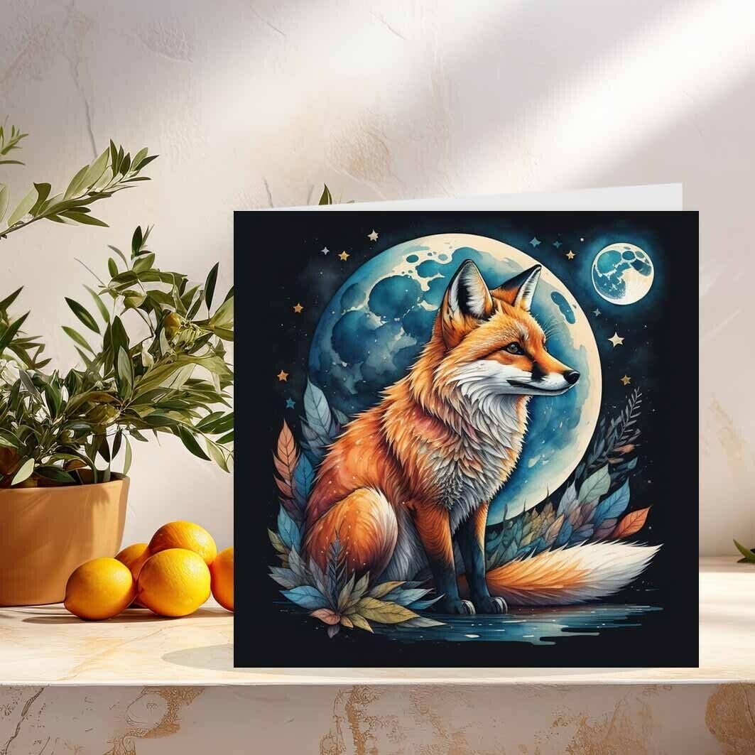 Fox Moon Greeting Card Beautiful Fox Painting Card 145 x 145mm