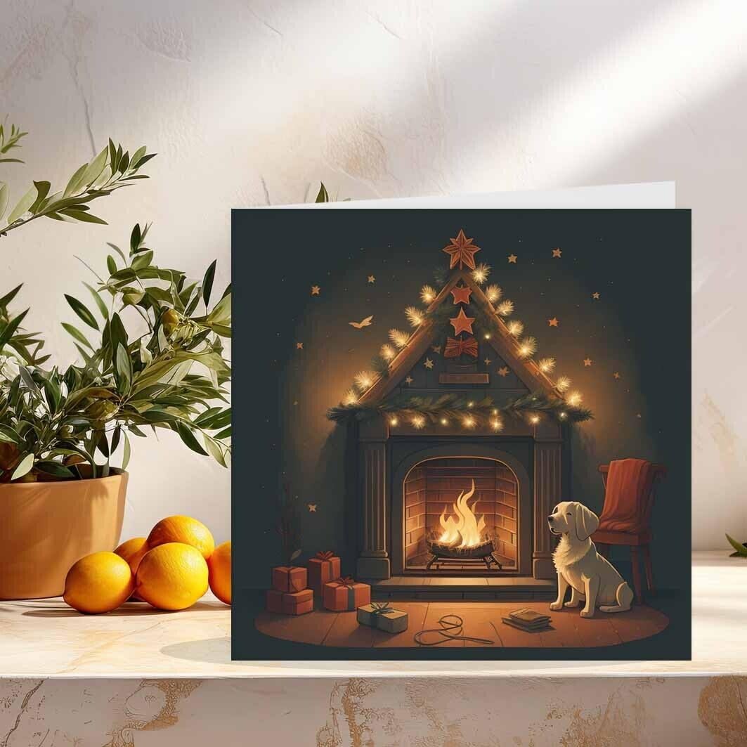 Xmas Dog Fireplace Christmas Card - Festive Xmas Cards 145 x 145mm