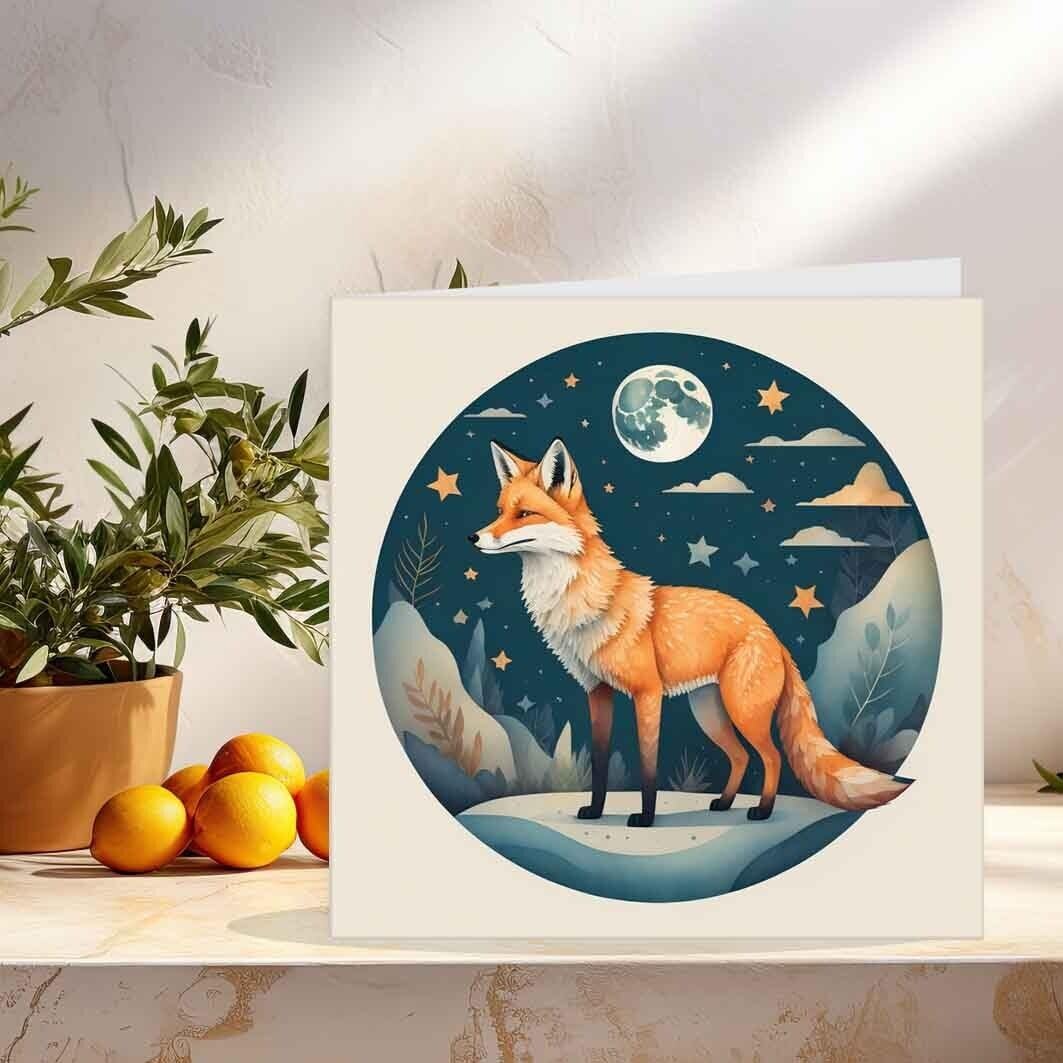 Fox Greeting Card Moon Fox Drawing 145 x 145mm