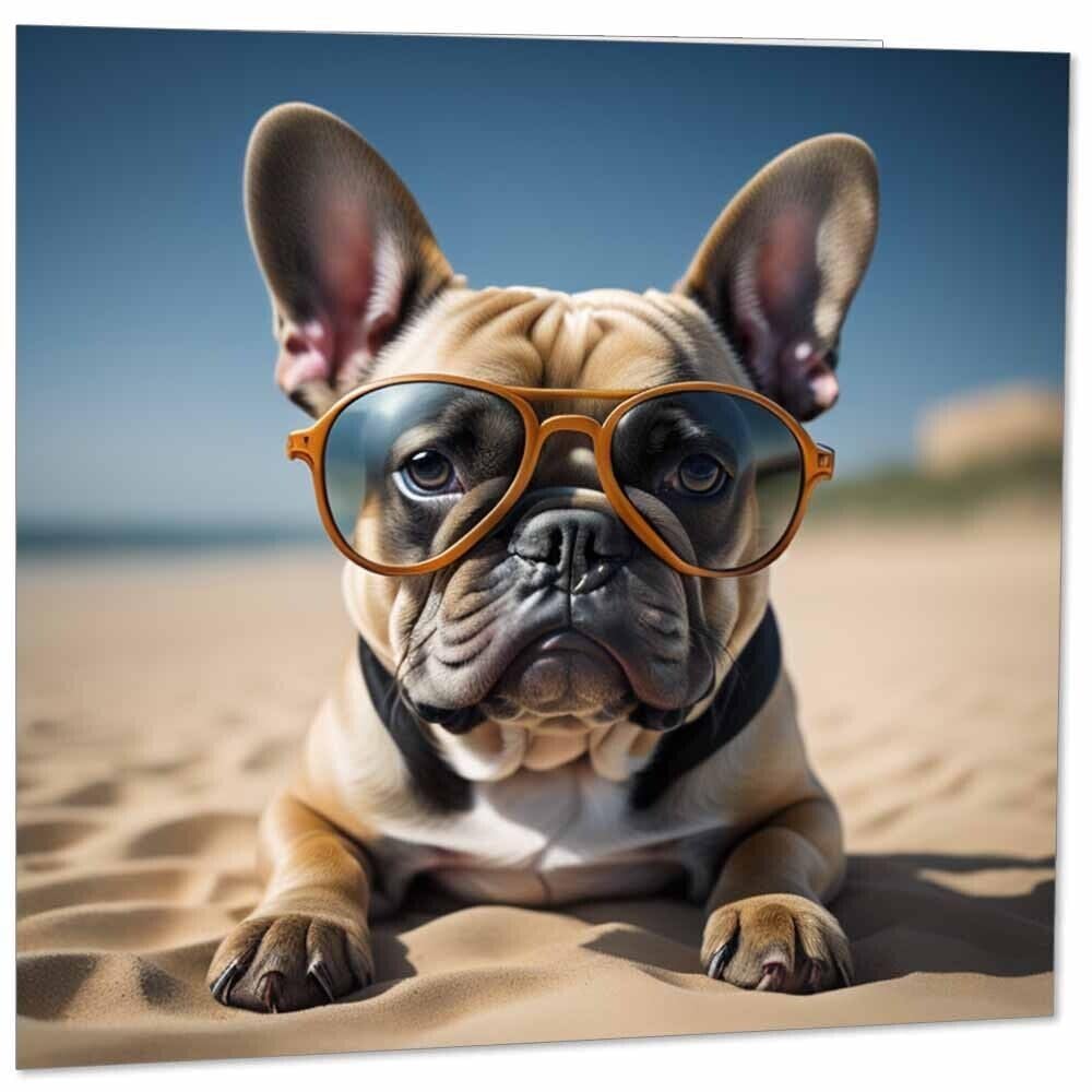 French Bulldog Greeting Card - Beach Sunglasses French Bull Dog 145mm x 145mm
