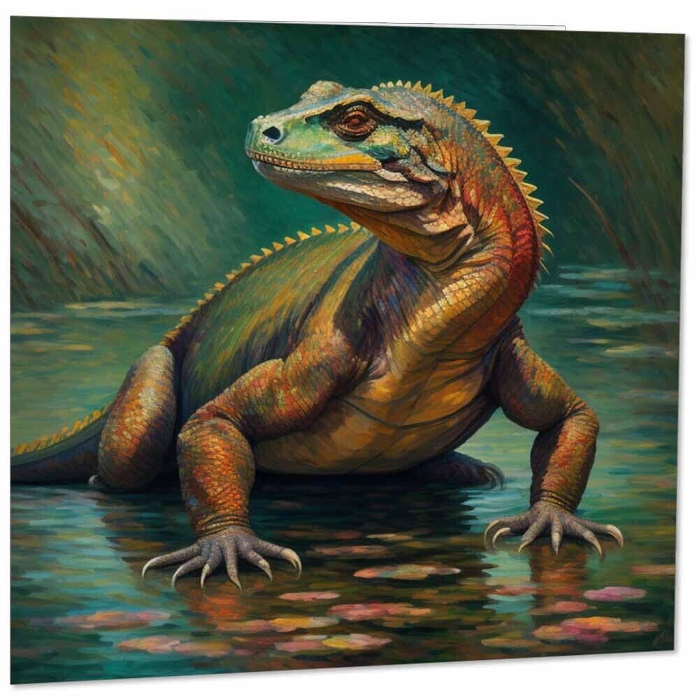 Comodo Dragon Greeting Card Lizard Impressionism Art 145mm x 145mm