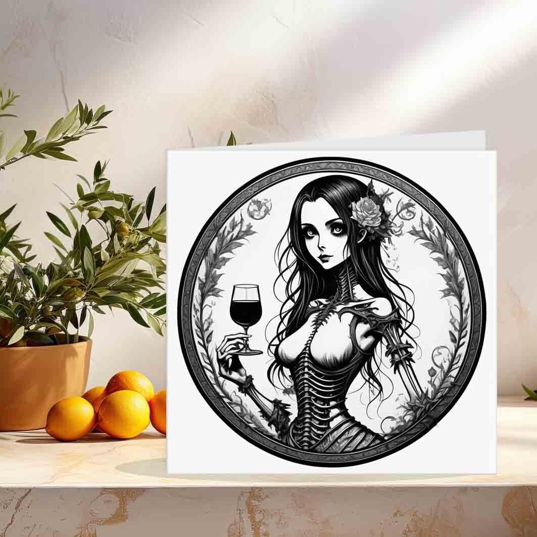 Gothic Lady Greeting Card - Skull Girl Wine Goth Birthday Card 145 x 145mm