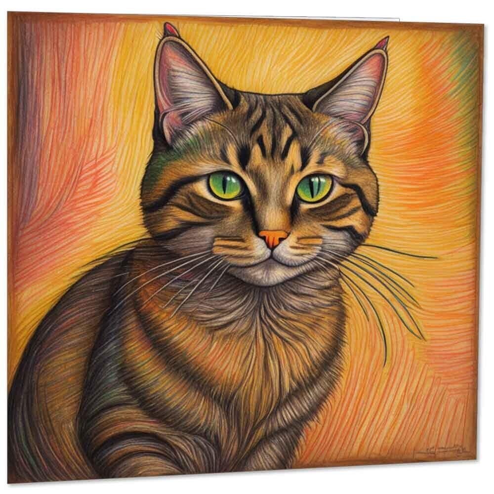 Cat Greeting Card - Cat illustration Art Painting Drawing 145mm x 145mm