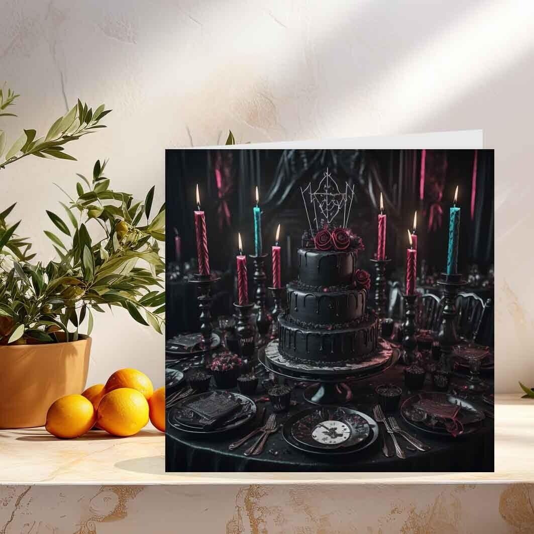 Gothic Birthday Card - Black Gothic Wedding Cake Birthday Cake Card 145 x 145mm