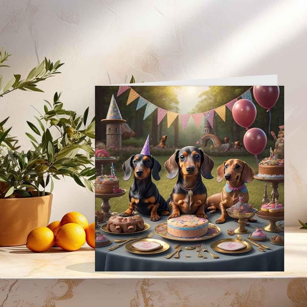 Cute Sausage Dog Dachshund Birthday Card - Dachshund card 145mm x 145mm