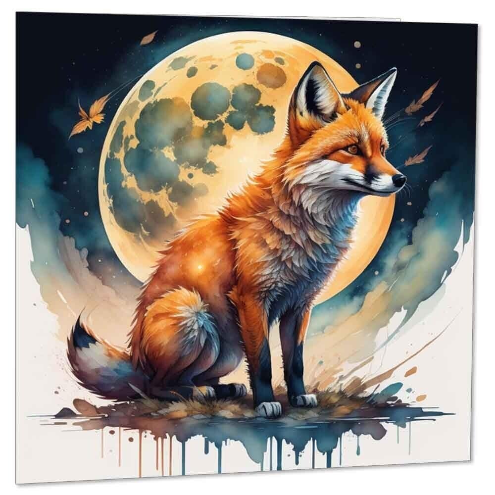 Moon Fox Greeting Card Watercolour Fox Card Birthday 145 x 145mm