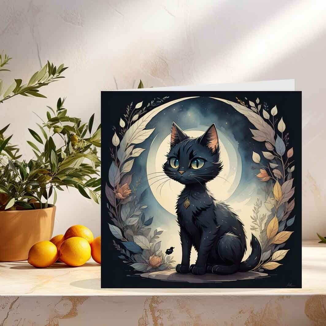 Cute Black Cat Moon Greeting Card Birthday Card 145 x 145mm