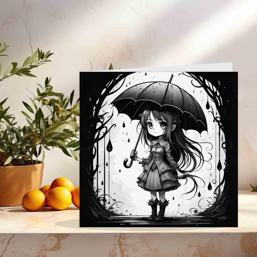 Anime Gothic Girl With Umbrella Greeting Card Birthday Card 145 x 145mm