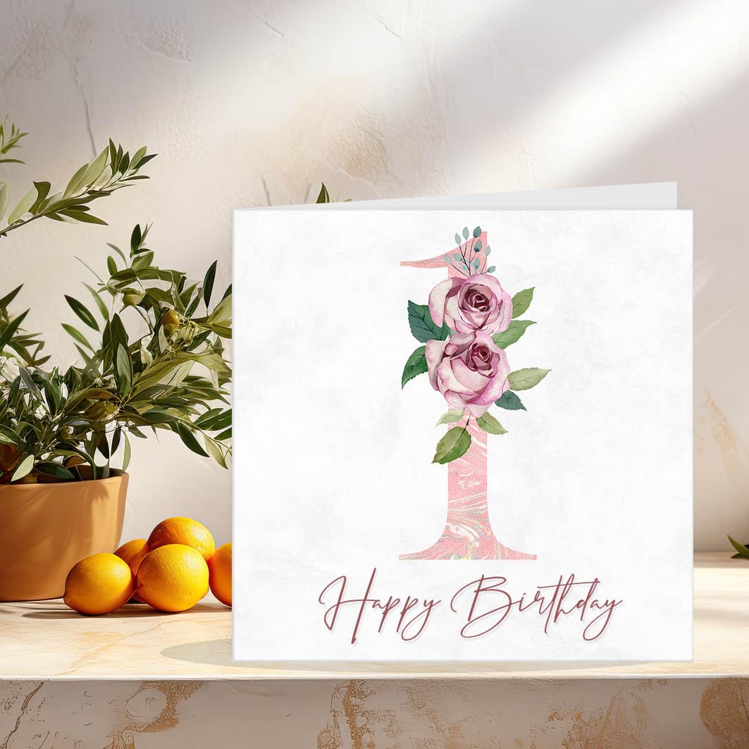 1st Birthday Card for Girls - Floral 1st Birthday Cards for 1 year old Daughter girl One, First Granddaughter Sister Niece cousin