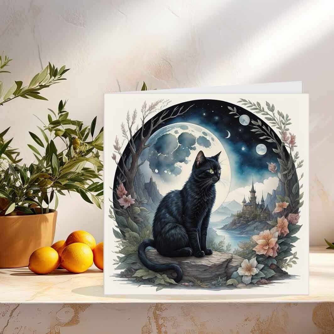 Watercolour Cat Greeting Card Moon Cats Birthday Card 145 x 145mm