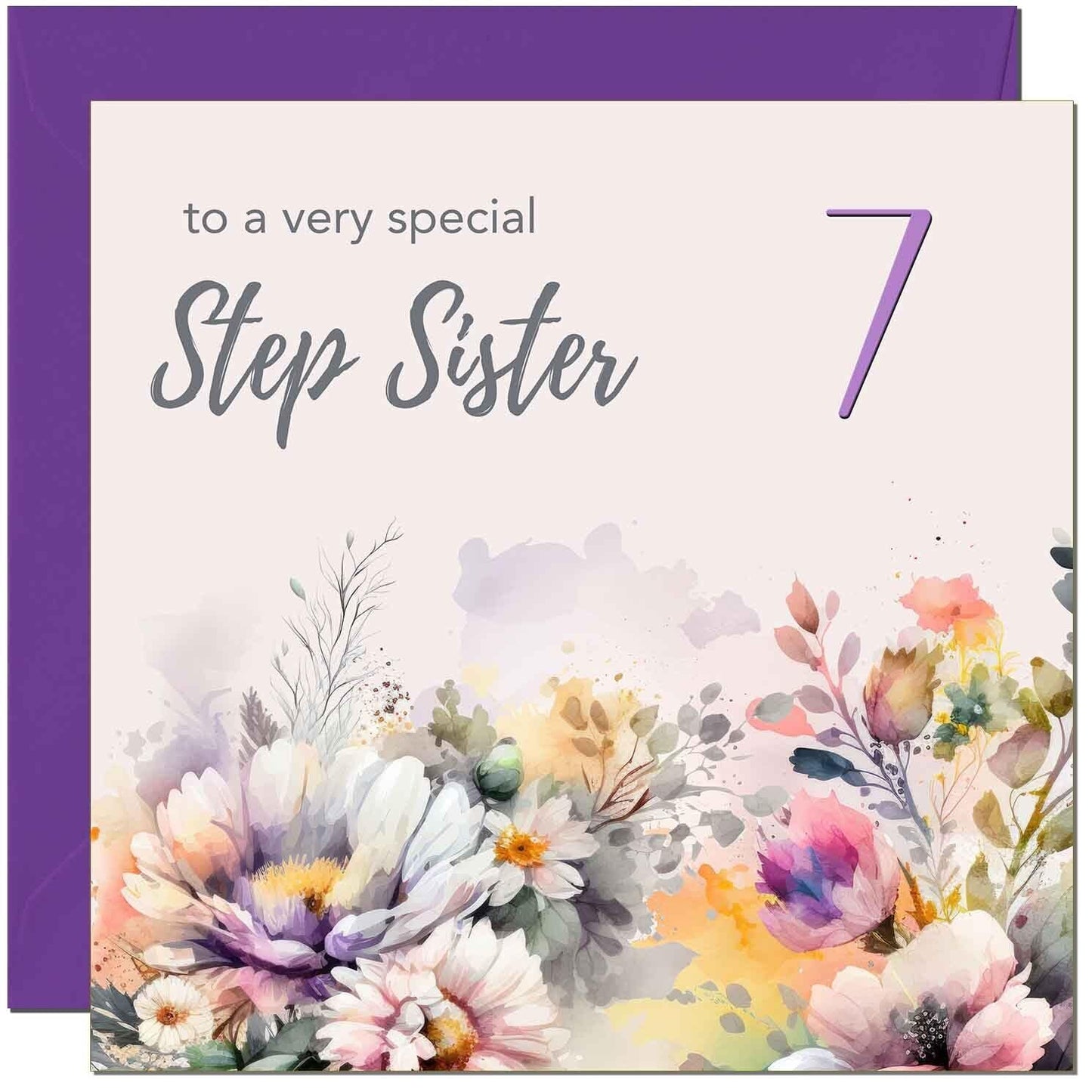 Step Sister Birthday Card - Purple Floral Step Sisters