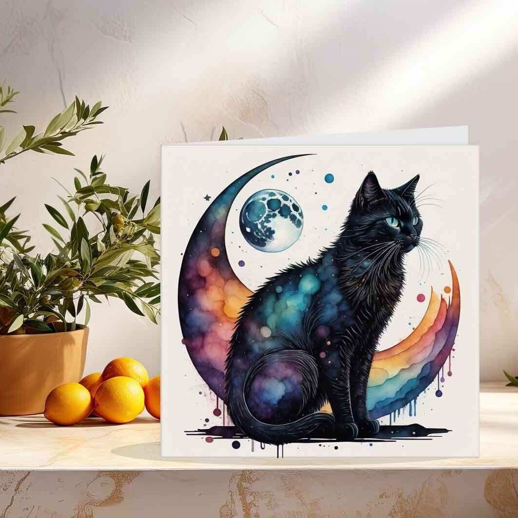 Watercolour Black Cat Moon Greeting Card Birthday Card 145 x 145mm