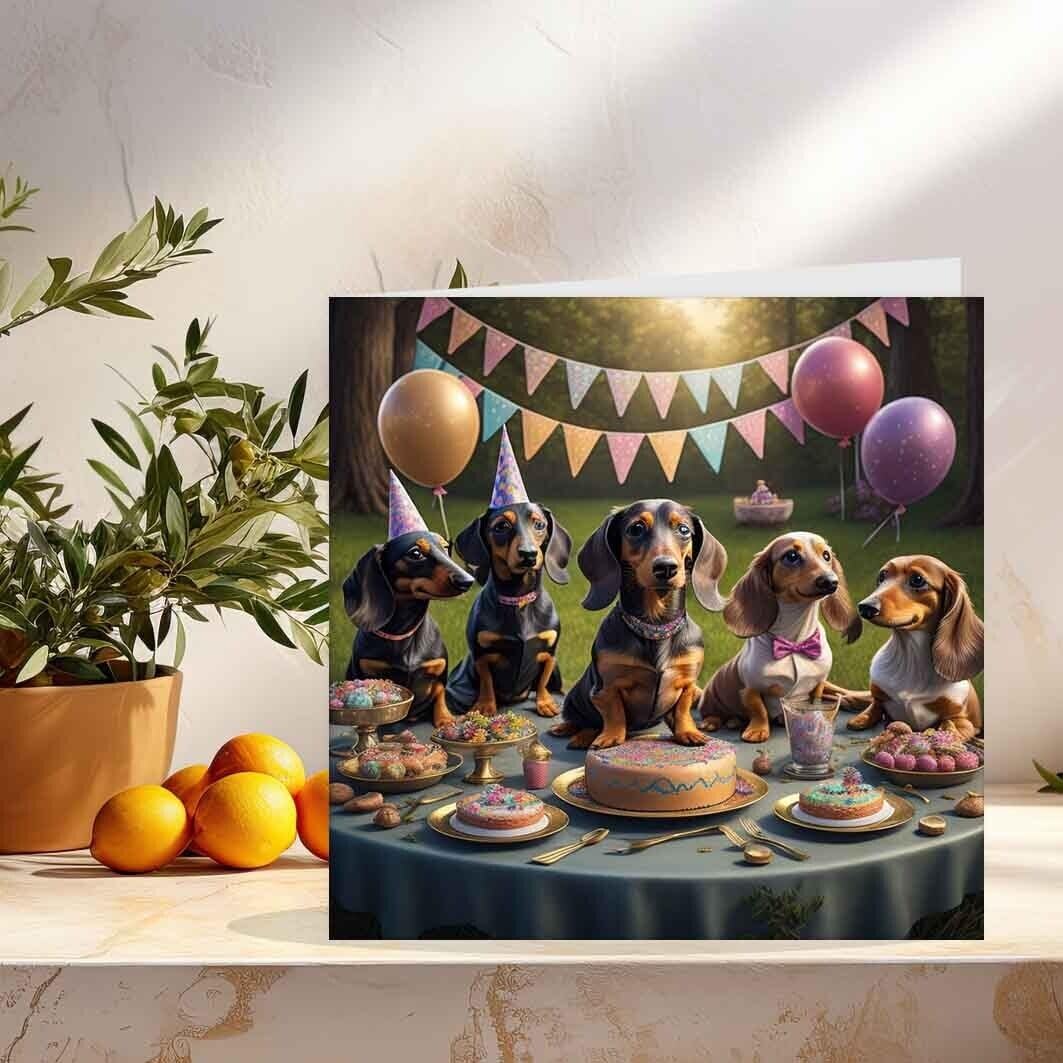 Dachshund Birthday Party Card - Sausage Dog Dachshund card bday 145mm x 145mm