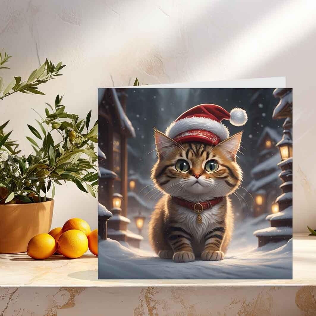 Tabby Cat Christmas Card - Cute Cat Xmas Cards Kitty Kitten 145 x 145mm