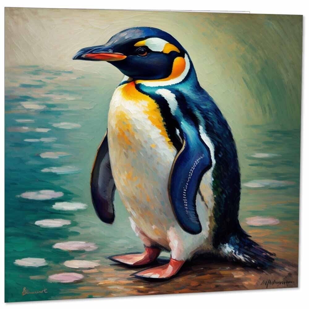Penguin Greeting Card Animal Impressionism Art 145mm x 145mm