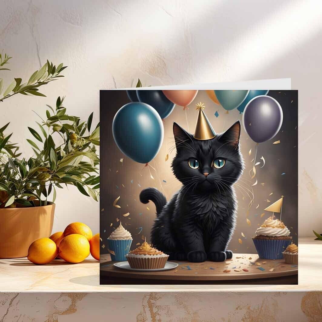 Black Cat Birthday Card Cute kitty 145 x 145mm