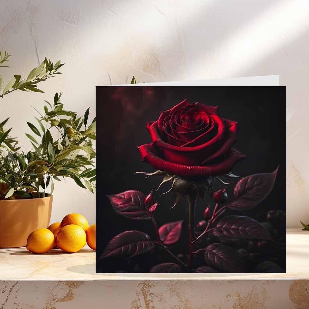 Gothic Anniversary Card - Red Rose - Valentines Card Romantic Goth 145 x 145mm