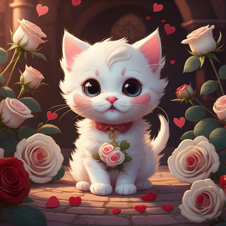Cute Cat Love Heart Card White Roses Valentines Kitty Adorable 145mm x 145mm