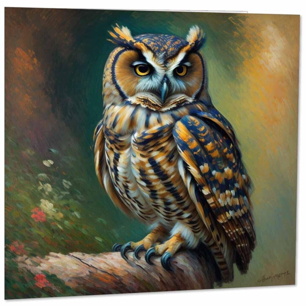Owl Greeting Card - Animal Nature Impressionism Art 145mm x 145mm
