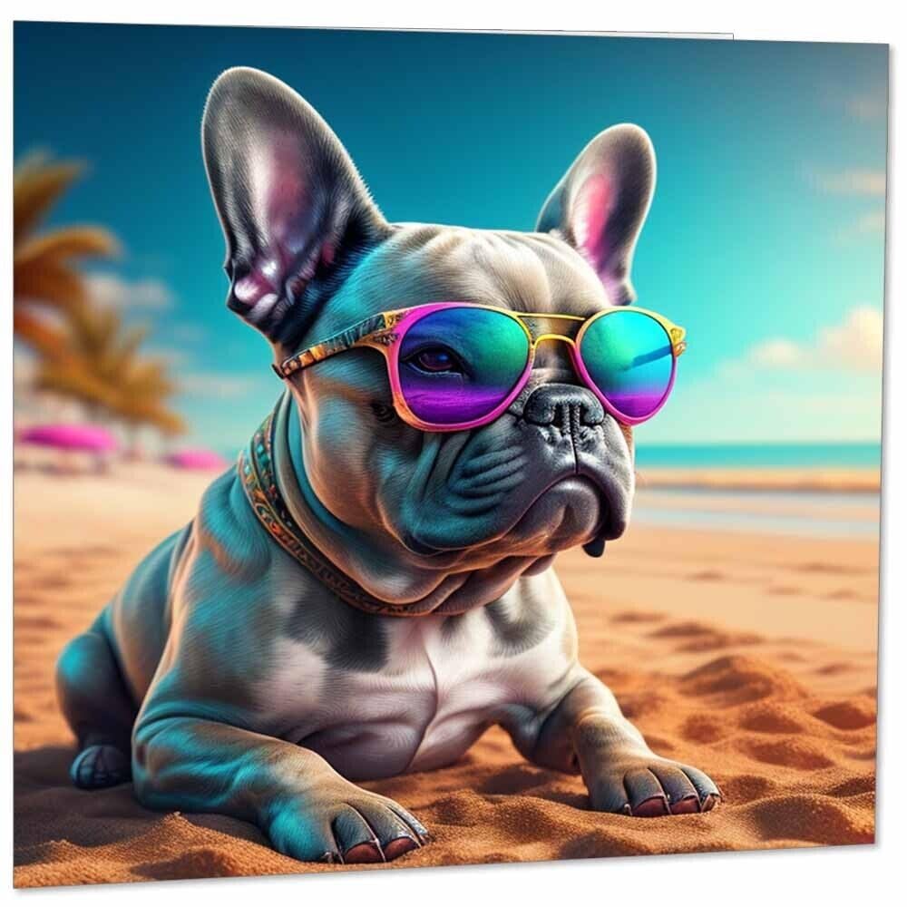 French Bulldog Greeting Card Cool French Bulldog Sunglasses Beach 145mm x 145mm