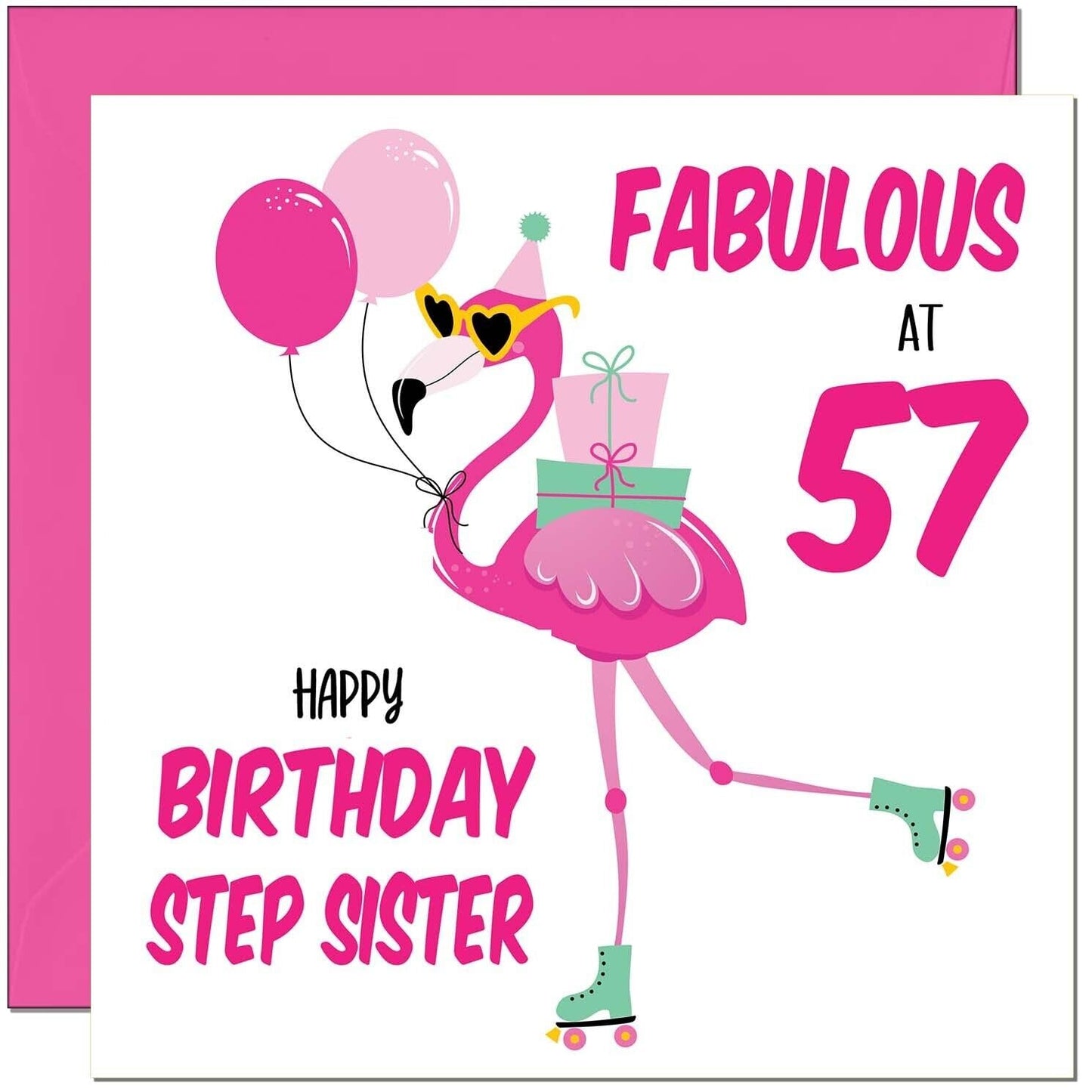 Step Sister Birthday Card - Fabulous Flamingo - Pink Cute Step-Sisters