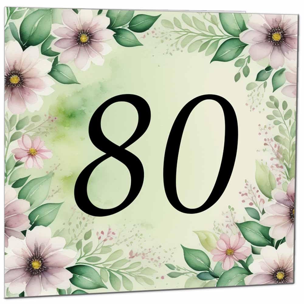 80th Birthday Card for Women Men - Green Floral Birthday Cards for 80 year old Lady Eighty Eightieth Ladies Grandma Nan Aunt Mum Sister Mom Friend